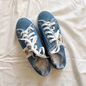 Blue Denim Slip-on Sneakers with White Laces